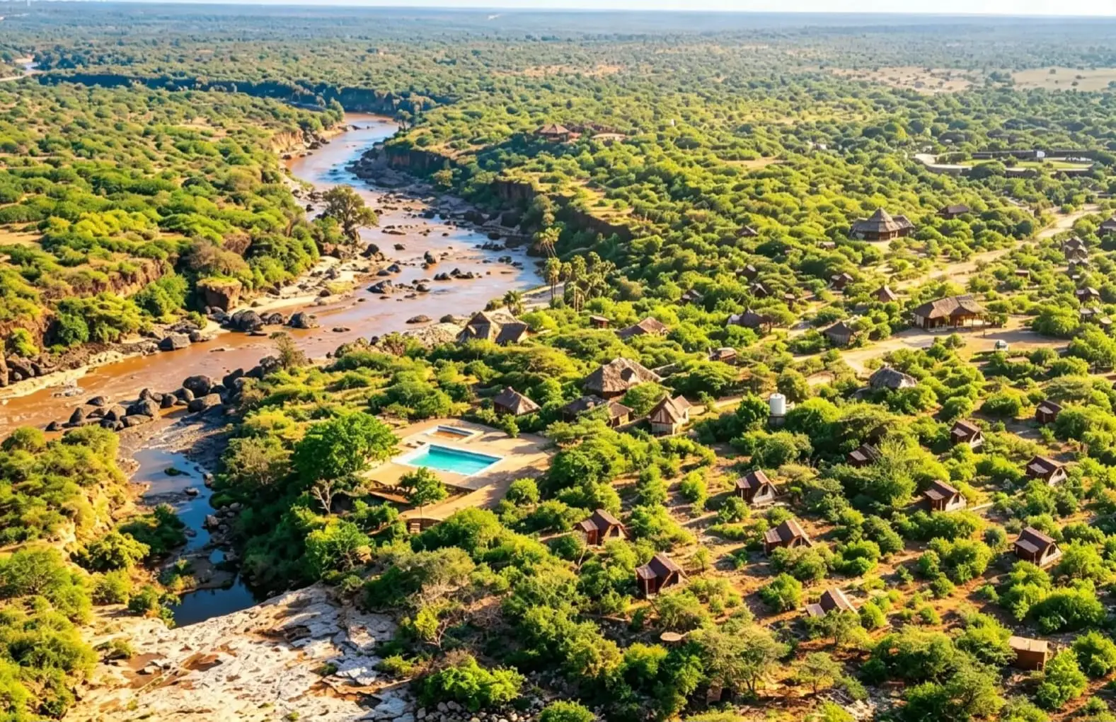 Aerial view of a bend in the brown Ewaso Ng'iro River, with rocky banks, green bush, a turquoise swimming pool and thatched and tin-roofed cottages scattered among the trees.