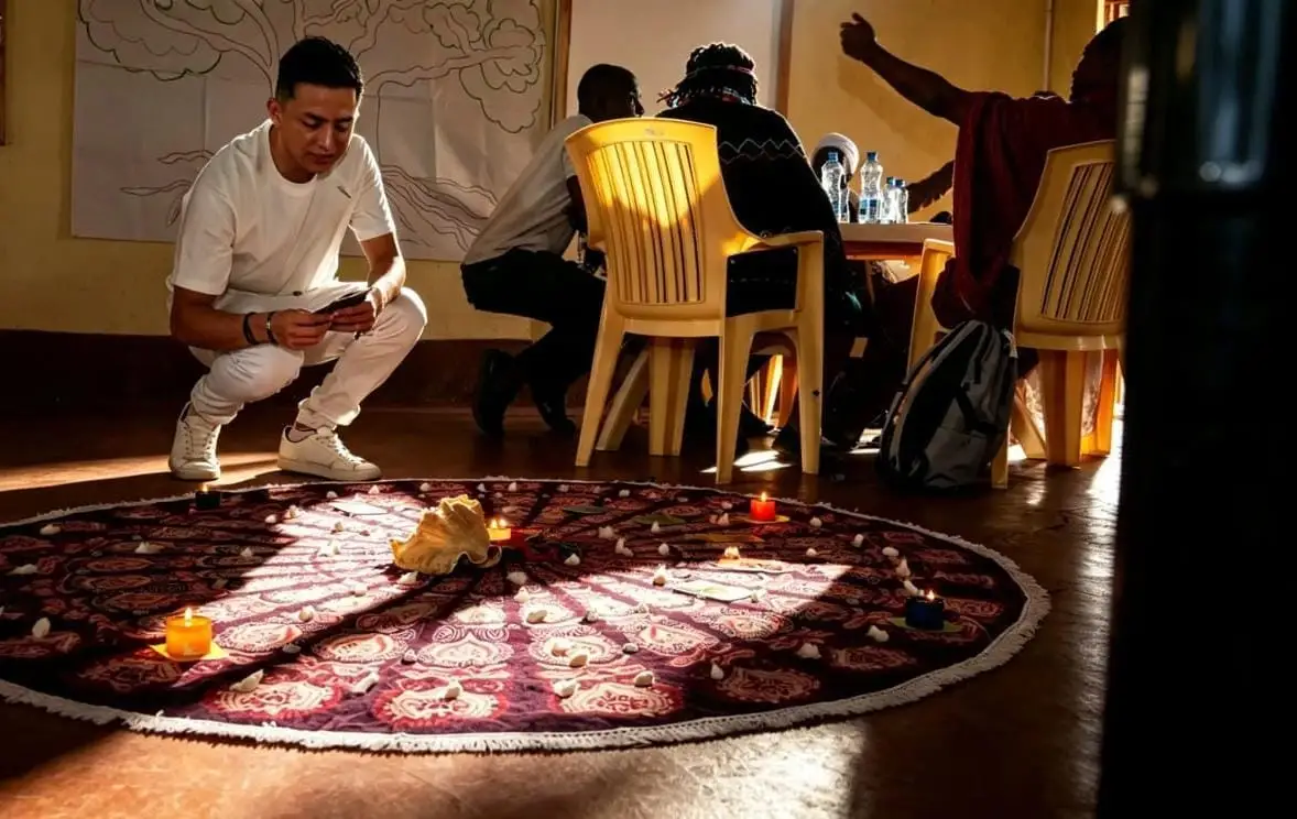 A man crouches beside a round woven rug set with shells and small candles, while a group sits around a table in the background.
