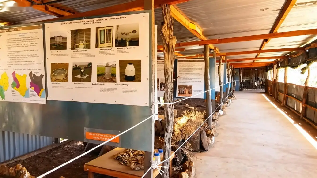 A covered museum corridor with exhibition boards about weather and agriculture, rock and plant displays behind a rope, and a bright path leading away.