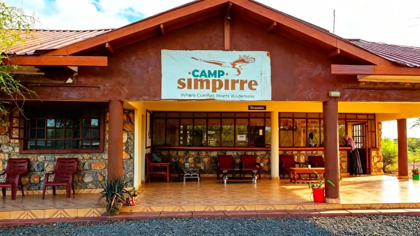 The reception building at Camp Simpirre, with stone walls, a red tin roof, a covered veranda with chairs, and the camp sign reading 'Where Comfort Meets Wilderness'.