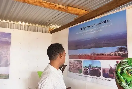 A visitor reads a large board titled 'Indigenous Knowledge', showing livestock herds on open rangeland.