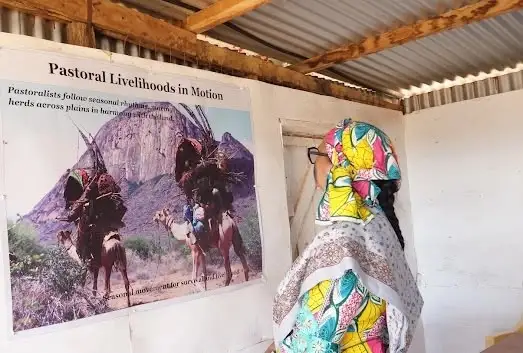 A visitor in a bright patterned headscarf looks at a board titled 'Pastoral Livelihoods in Motion', showing herders and camels beside a rocky peak.